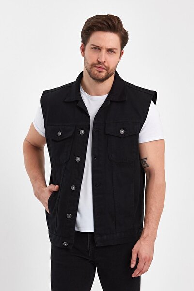 DAMGA JEANS Comfortable Pattern Text Printed Denim Buttoned Denim Vest Black