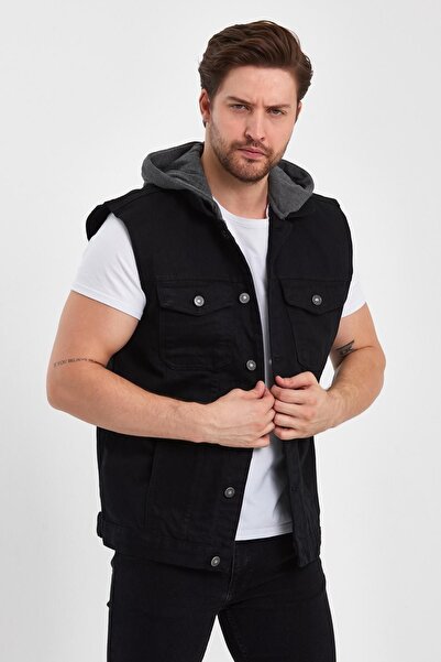 DAMGA JEANS Зручний крій, принт, капюшон, ґудзики, джинсова куртка-жилет, чорна