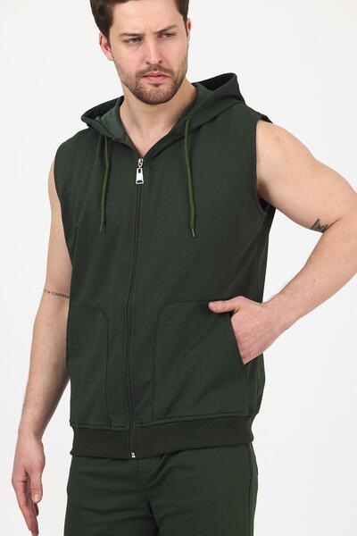 DAMGA JEANS Men's Hooded Sleeveless Zippered Summer Long Khaki Sweat Vest