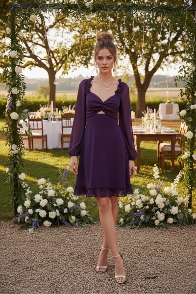 Lumora Mor Tül Detaylı Uzun Kol Kadın Abiye