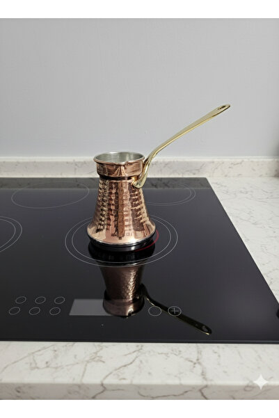 Zinnun Armoni Copper Coffee Pot Induction Base, Brass Handle, Wide Base for 4 People