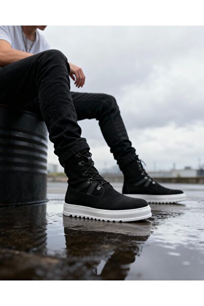 Knack Men's Sports Boots B12 Black Suede (White Sole)