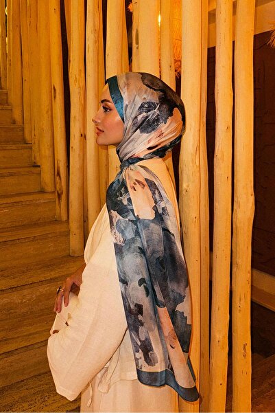 Levidor Șal de mătase indiană cu model floral abstract albastru de noapte