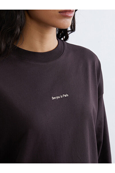 LC Waikiki Lcw Modest Brown Paris Embroidered Women's Sweatshirt Tunic