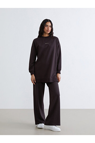 LC Waikiki Lcw Modest Brown Paris Embroidered Women's Sweatshirt Tunic