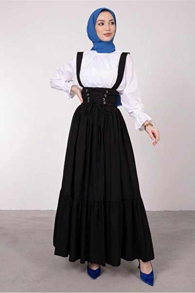 TRENDTESETTÜR Women's Black Belted Lace-Up Detail Salopet Dress t 60042