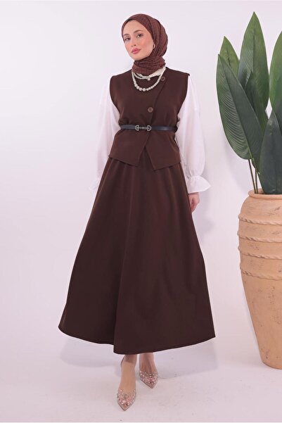 TRENDTESETTÜR KADIN KAHVE KEMERLİ ETEKLİ TAKIM T 1184
