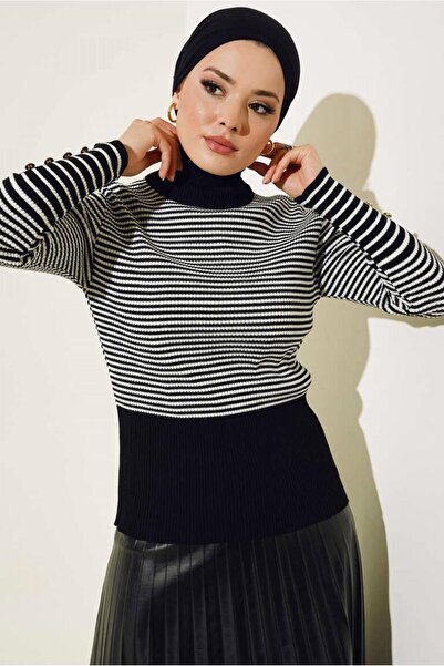 TRENDTESETTÜR Women's Black Striped Knitwear Sweater t 3304