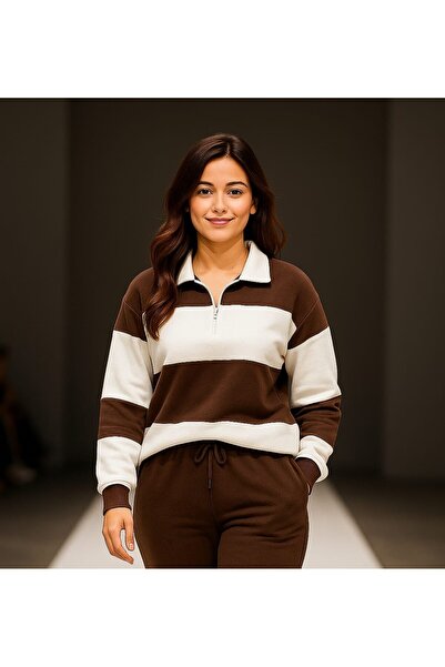 LiyAdaCo Swea cu guler polo cu jumătate de fermoar, maro, alb, cu dungi tricou