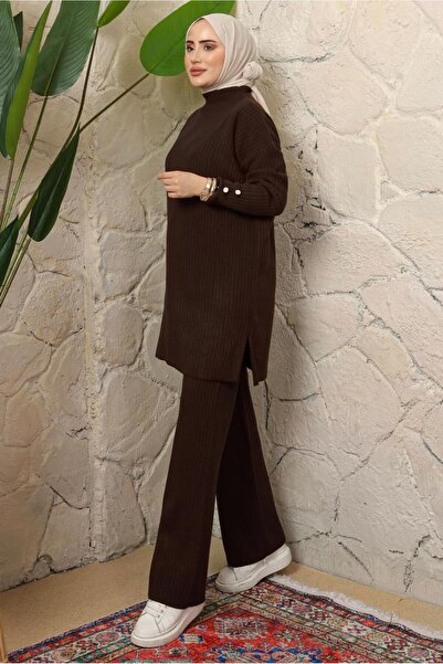 TRENDTESETTÜR WOMEN'S BROWN BUTTON DETAILED TROUSERS Knitwear Suit T 3508