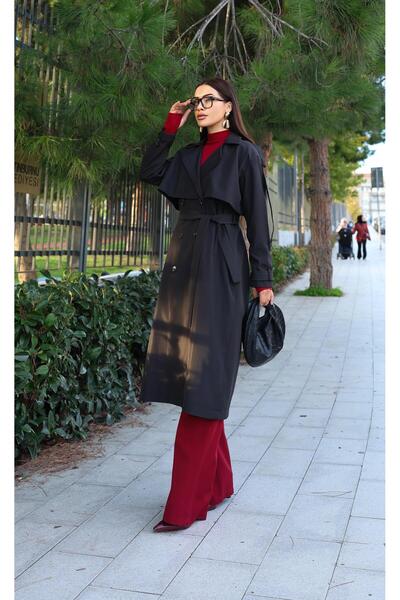 Dadali Double-Breasted Trench Coat with Collar Sleeves and Belt Detail Black