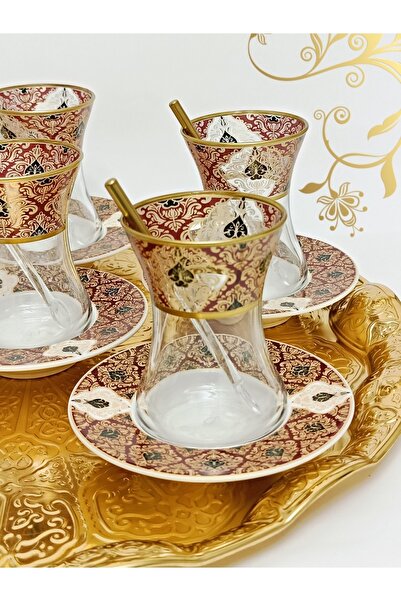 SAMSA Gold Claret Red Pattern Embroidered Glass Porcelain Tea Set for 6 Persons Premium Porcelain