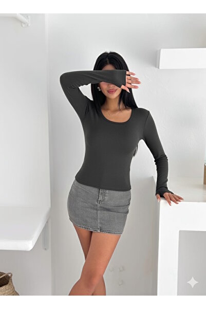 MaxiMor Women's Smoked U-Neck 100% Cotton Finger Detailed Stretch Fabric Bodysuit