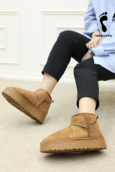 FAST STEP Women's Tan Boots Short Length Winter Lightweight Fur Lined Ug Model Thick Sole Boots 947Sza1000