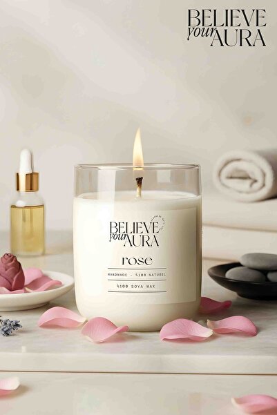 Believe Your Aura Gül Kokulu Mum - %100 Doğal Soya Mumu Aromaterapi Bardak Mu...