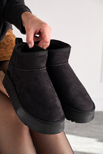 Allyup Günlük Kadın Siyah Bot Kalın Taban Ultra Mini Süet Bot Kışlık Bootie 400u