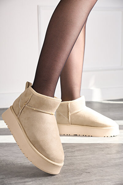 İmerShoes Günlük Kadın Bej Bot Kalın Taban Ultra Mini Süet Bot Kışlık Bootie 400u