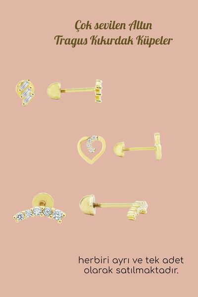 Hepimitu Taşlı Kare Tragus Piercing Altın Küpe Çocuk Küpesi