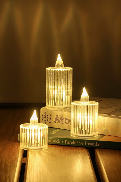 Telvesse 3lü Kristal Desenli Led Mum Seti Pilli Dumansız Alevli Ledli Dekoratif Yapay Mum