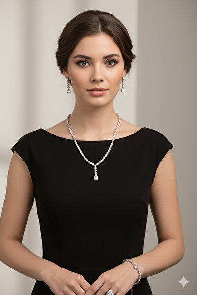 Luceven 925 Ayar Gümüş Su Yolu Damla Model İthal Zirkon Taşlı Kolye, Bileklik, Küpe, Yüzük Düğün Takı Seti