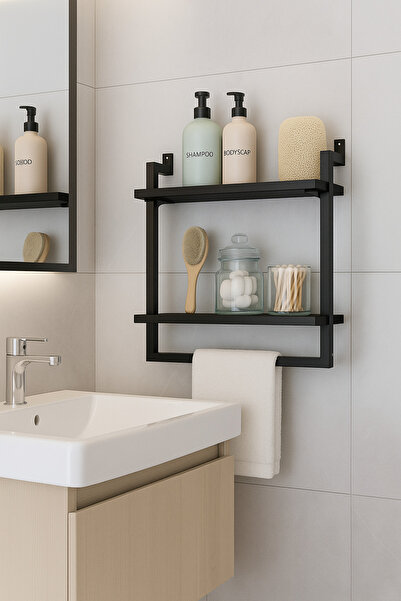 Euromob 40x20 cm Banyo Rafı Duvara Monte Havluluk 2 Katlı Dekoratif Düzenleyici Organizer Siyah Metal