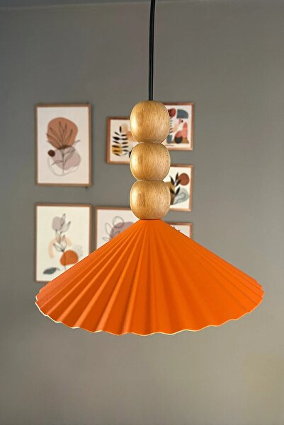 Bamyum Avilla Turuncu Tekli Metal Avize Ahşap Üç Boncuk Cafe Mutfak Modern Dekoratif Sarkıt Aydınlatma