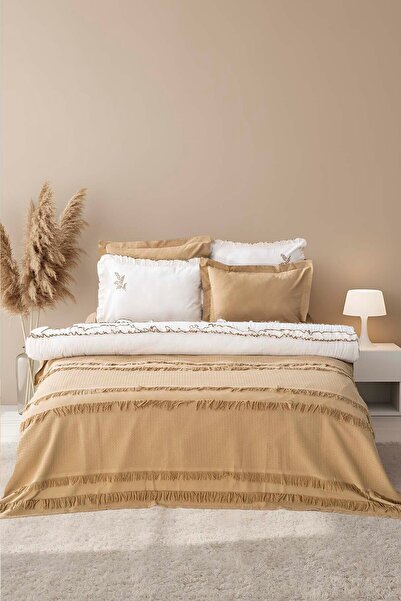 Rivaİstanbul Brianna Khaki Double 100% Cotton Duvet Cover Bedspread - 7 Piece Dowry Set