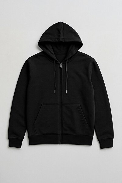 MARKAPIA Men's Zippered Hooded Pocket Black Sweatshirt