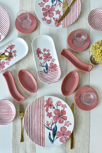Keramika Pink Line Breakfast Set 28 Pieces for 6 People