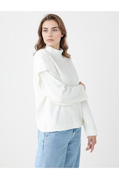 Jimmy Key Екрю Світло-бежева футболка з високим коміром, довгими рукавами та візерунком