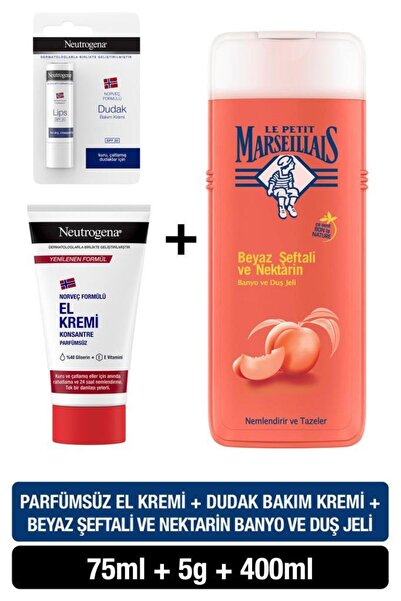 Neutrogena Norveç Formülü Parfümsüz El Kremi + Dudak Kremi + LPM Duş Jeli Şeftali 400 ml