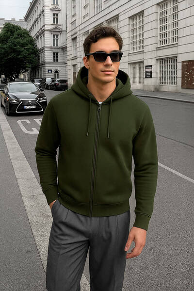 MARKAPIA Ανδρικό φούτερ με φερμουάρ και φλις εσωτερικά σε χακί χρώμα