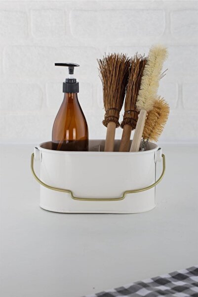 ANJEAHOME White and Antique Gold 2-Compartment Galvanized Basket - Multi-Purpose Spoon Holder 22X13X12 cm