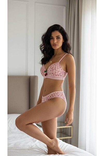 vellora Kadın İç Çamaşır Takımı Mesh Young Pembe Kiraz Desenli Sabit Kap Askı...