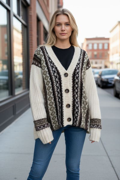 İLKCET MODA Ethnic Patterned Women's Oversized Knitted Cardigan