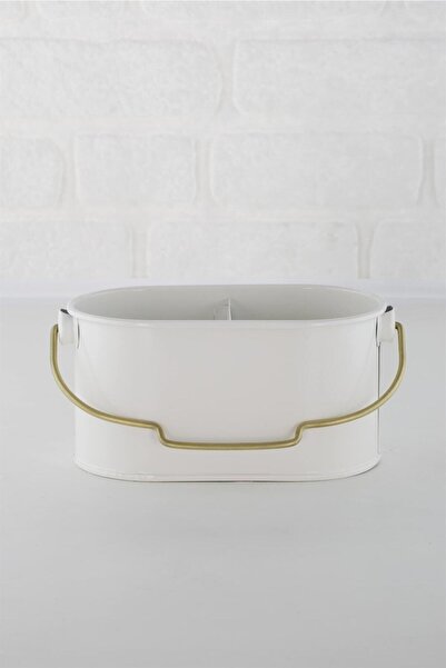 ANJEAHOME White and Antique Gold 2-Compartment Galvanized Basket - Multi-Purpose Spoon Holder 22X13X12 cm