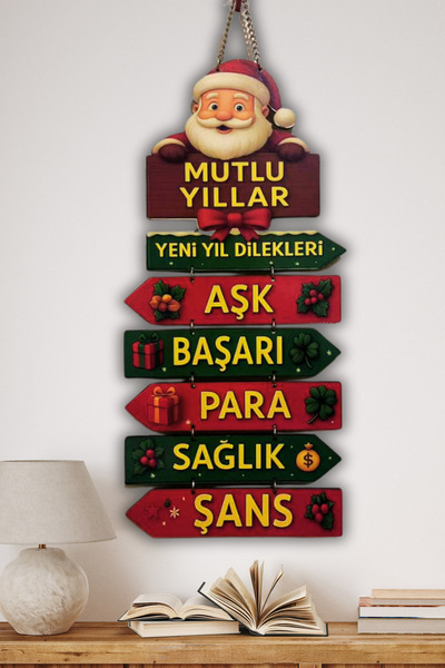 DURUSA Yılbaşı Dekoru Ahşap Duvar & Vitrin Süsü , Mutlu Yıllar – Aşk, Şans, Sağlık, Başarı, Para Yazılı