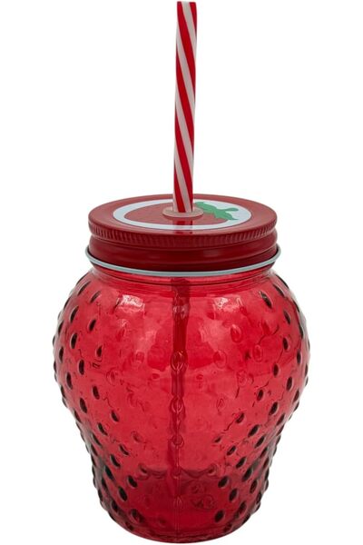 B&D مرطبان فراولة ماسون مع ماصة، كوب زجاجي بغطاء معدني، 550 مل، أحمر