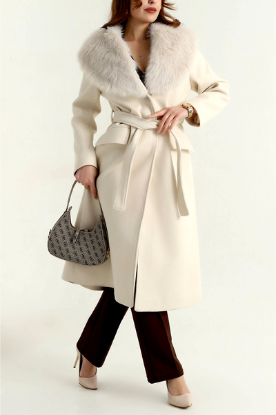 studio fashion 1988 Women's Stone Wool Premium Fur Collar Detail Belted Cashmere Coat