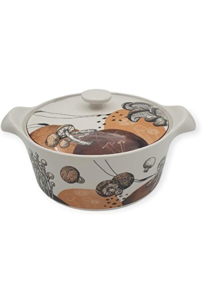 B&D Ceramic Casserole Dish with Lid, 27×21×13 cm, White with Mushroom Pattern, 2.5 kg Capacity