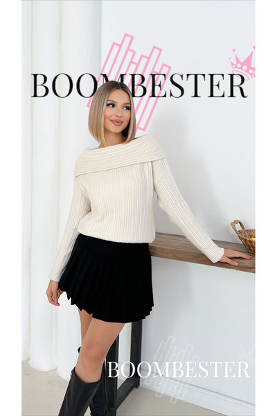 BoomBester Women's Ecru Shoulder Detail Soft Knit Sweater Madonna Collar –