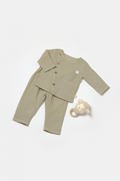 BabyCosy Set bluza cu nasturi si pantaloni , Winter muselin, 100% bumbac - Ve...