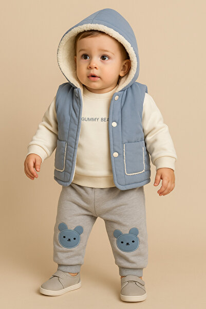 Uğur bebe Soft Fleece-Lined Sweatshirt + Cotton Padded Vest + Thick Sweatpants 3-Piece Baby Boy Set