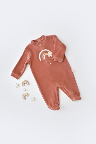 BabyCosy Rainbow jumpsuit with long sleeves and booties made of 80% cotton and 20% polyester - Brick, 6-9 months