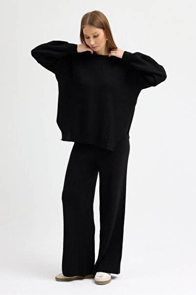 MODAMERSİ Women's Black Crew Neck Sweater-Pants Knitwear Set