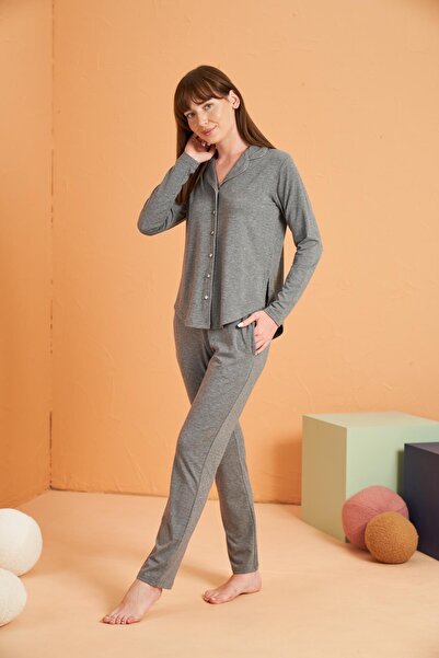 PJS Women's Viscose Pajama Set - Buttoned Piped Pocket Long Sleeve