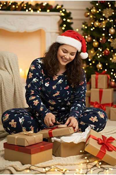 Siyah İnci синій печиво з новорічним малюнком Curve Великий розмір Бавовняний піжамний комплект 25240811