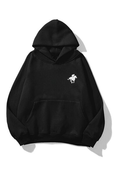 Know Kadın Siyah Horse Baskılı Oversize Kapüşonlu Sweatshirt Hoodie