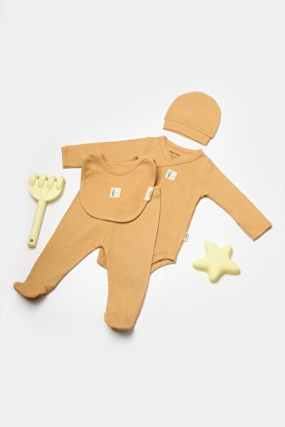 BabyCosy Set 4 piese:body, pantaloni, baveta si caciulita Bamboo, maro, BabyC...