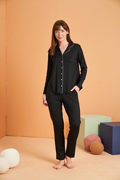 PJS Women's Viscose Pajama Set - Buttoned Piped Pocket Long Sleeve